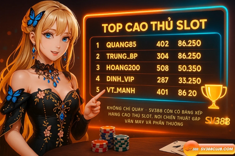 Không chỉ quay – SV388 còn có bảng xếp hạng cao thủ slot, nơi chiến thuật gặp vận may và phần thưởng gấp chục lần cược.